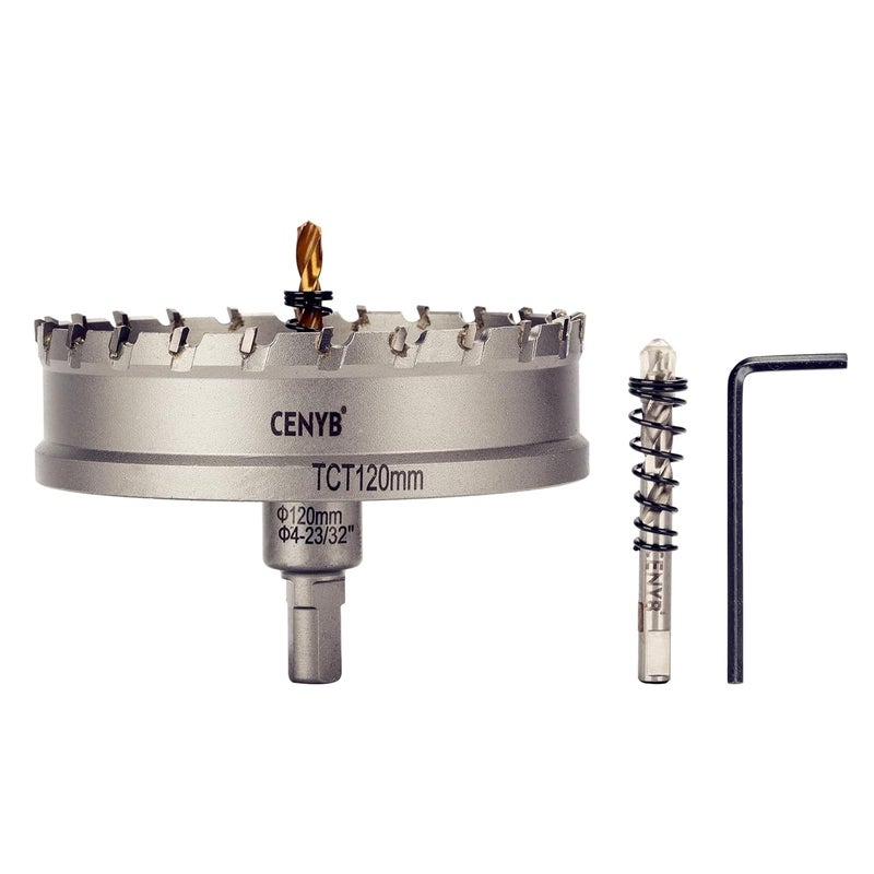 cenyb 4-23/32" (120mm) Tungsten Carbide Tipped Hole Saw with 2Pcs Titanium-Plated Pilot Drill Bits for Hard Metal,Stainless Steel,Iron,Aluminum Alloy,Wood and Plastic - Image 1